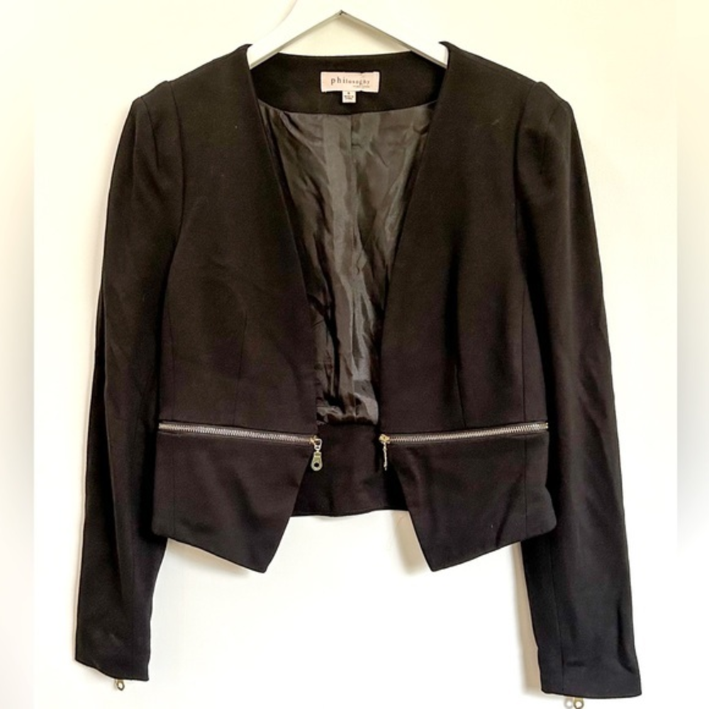Philosophy Jacket Black Blazer Waist Crop‎ Gold Zippers Lined Size Small